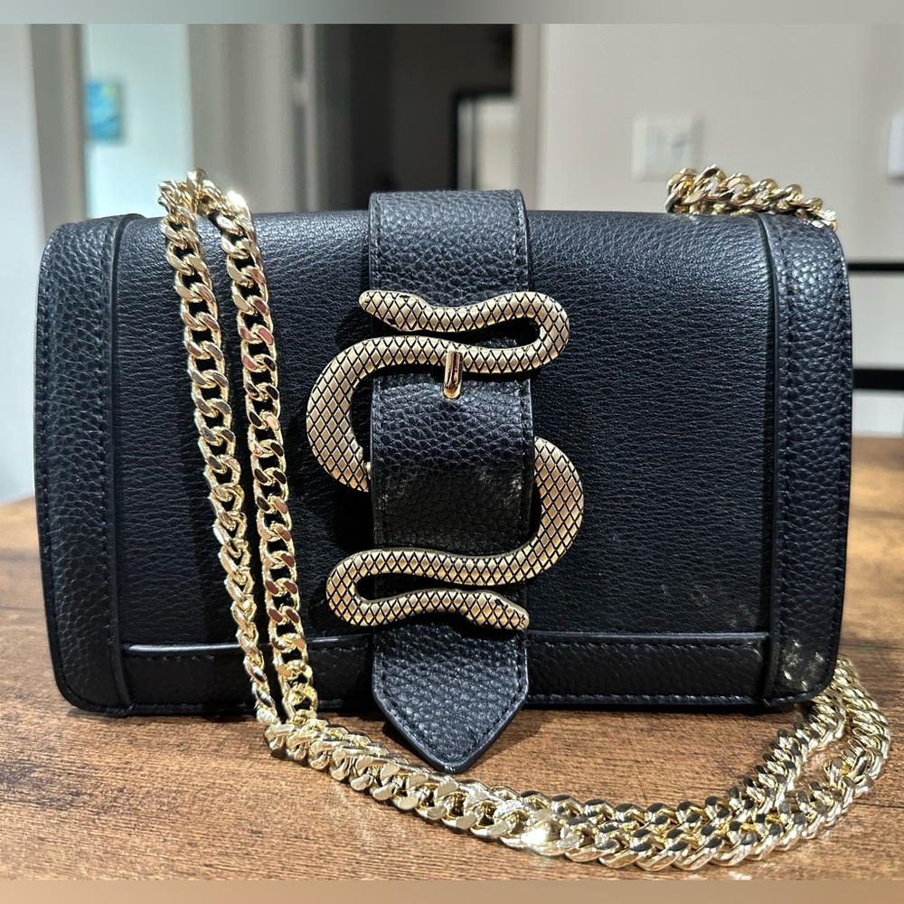 Black Leather Bag with Gold Chain